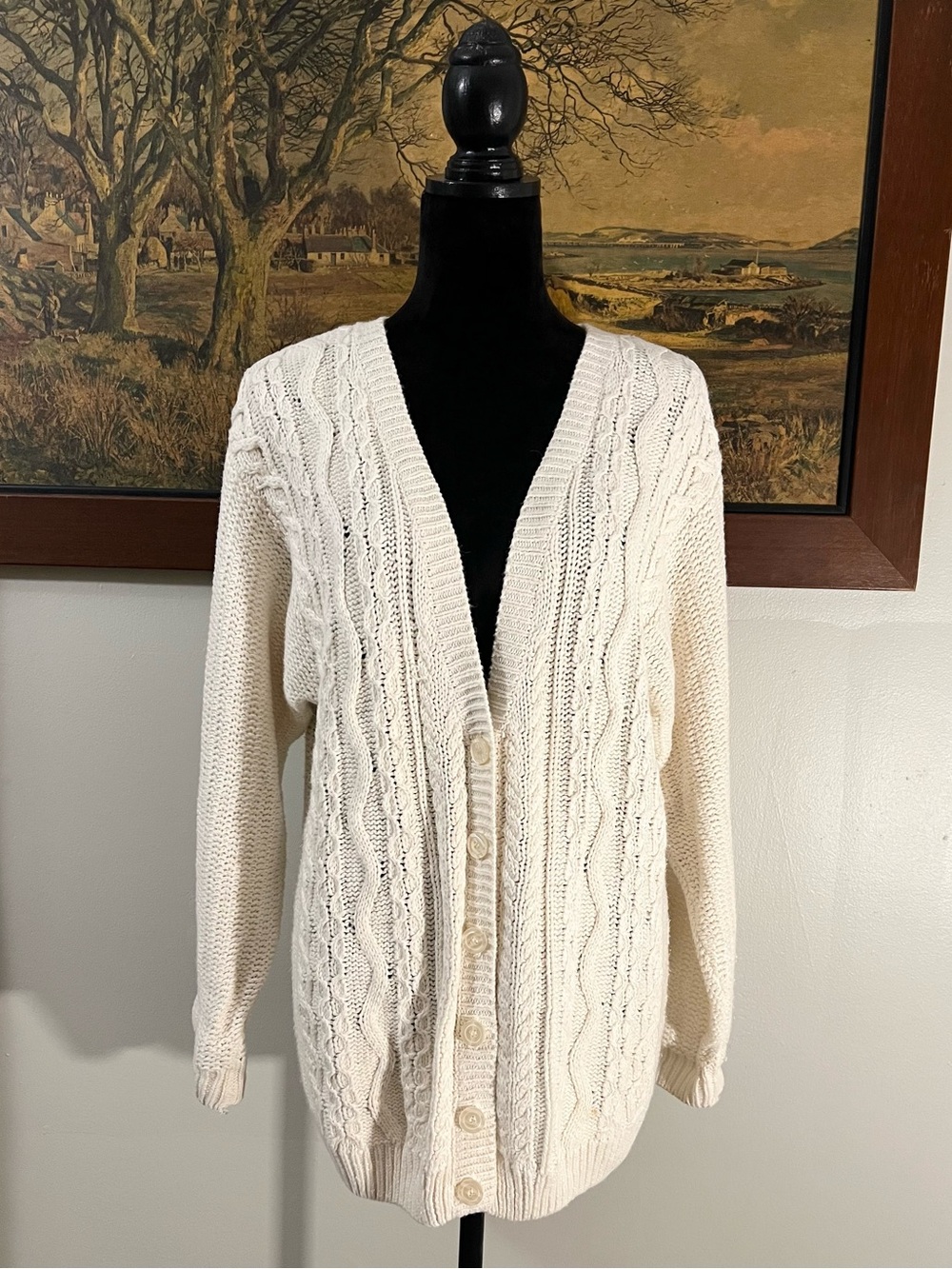 Vintage Liz Baker Cream Cable Knit Cardigan Cottagecore Cozy Fall Layer